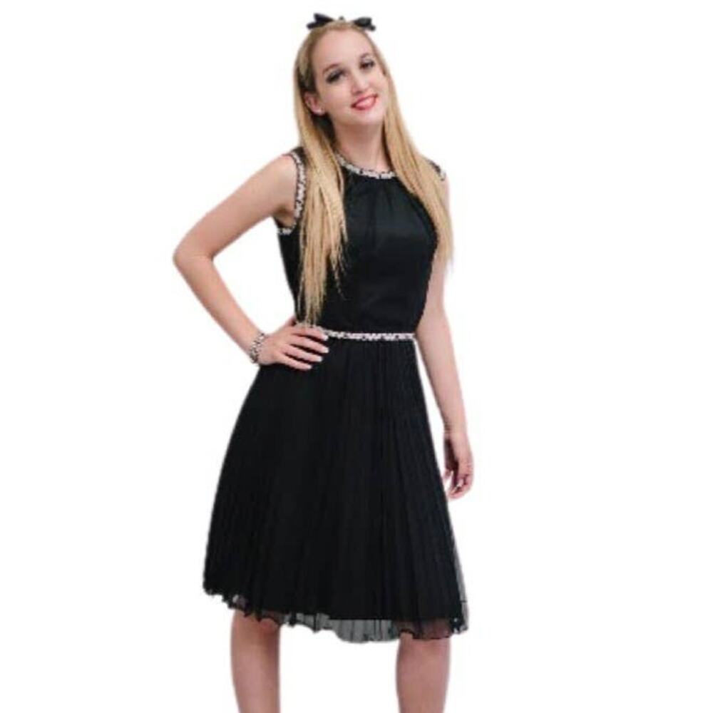 Vintage 60s Little Black Dress Trimmed in Metallic Silver/Black Beading Medium